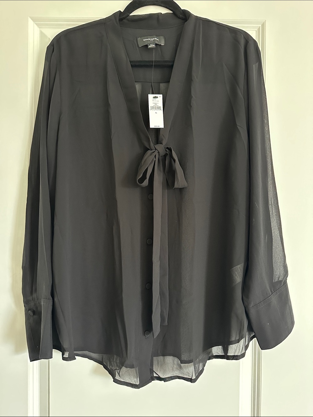Banana Republic Charcoal Tie-Neck Sheer Button Blouse